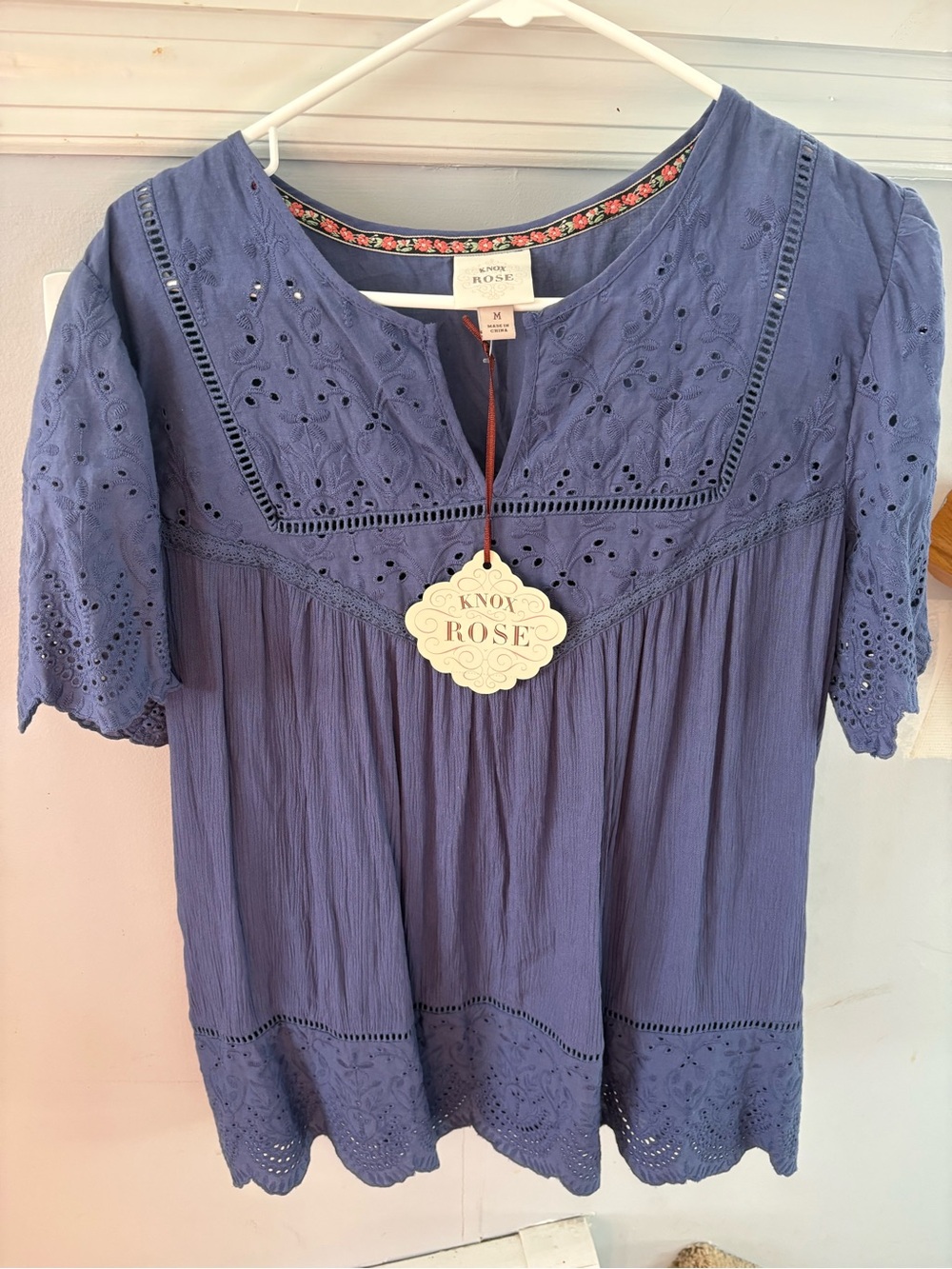 Knox Rose Dusty Navy Blue Eyelet Peasant Blouse